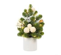 Petit sapin de Noël, mini sapin de Noël de table, décoration de vacances avec branches réalistes, pommes de pin et baies festives pour une utilisation en intérieur (beige)