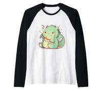 Petit T-Rex utilisant des Baguettes Chibi Ramen Adorable Art Manche Raglan