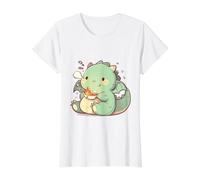 Petit T-Rex utilisant des Baguettes Chibi Ramen Adorable Art T-Shirt Graphique avec Valeur, Femme, Blanc, S