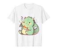 Petit T-Rex utilisant des Baguettes Chibi Ramen Adorable Art T-Shirt Graphique avec Valeur, Homme, Blanc, XL