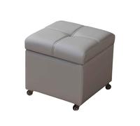 Petit tabouret de rangement en cuir à roulettes avec dessus rabattable et repose-pieds rembourré pour entrée, pouf polyvalent beige gris, 32 cm, avec rangement caché pour chaussures et plus encore