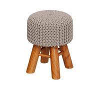 Petit tabouret rond en tricot coton gris clair et pieds en bois - Lisa - Maison Pavane