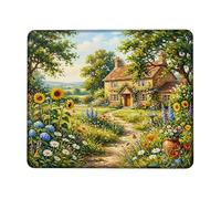 Petit tapis de souris carré en caoutchouc antidérapant pour maison, bureau, jeu, bureau de jeu, motif tournesol, campagne, chemin, vert, 20,3 x 25,4 cm