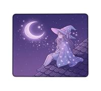 Petit tapis de souris fantaisie avec illustration de lune et sorcière | Thème céleste, personnage de chapeau de sorcière, illustration inspirée de l'anime, accessoire de bureau compact