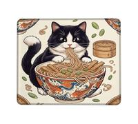 Petit tapis de souris fantaisie représentant un chat mangeant des nouilles | Chat smoking, bol à soupe de nouilles, art de poisson de carpe, style japonais, illustration fantaisie, accessoire de bureau