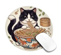 Petit tapis de souris fantaisie représentant un chat mangeant des nouilles | Chat smoking, bol à soupe de nouilles, art de poisson de carpe, style japonais, illustration fantaisie, accessoire de bureau