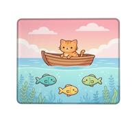 Petit tapis de souris motif chat avec scène de bateau | Illustration de chat tigré, thème nautique, poisson sous-marin, coucher de soleil serein, paysage aquatique fantaisiste