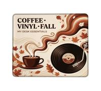 Petit tapis de souris Motif disque d'automne Café et vinyle | Illustration de tasse à café, feuilles d'érable tombantes, tourne-disque rétro, accessoires de bureau saisonniers