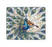 Petit tapis de souris représentant un paon jouant du violon | Jeu de violon, notes de musique, plumage complexe, art aviaire, accessoire élégant pour bureau à domicile