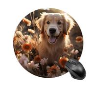 Petit tapis de souris rond antidérapant avec base en caoutchouc imperméable, motif golden retriever et fleurs imprimées pour ordinateur portable, bureau, maison, jeux