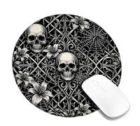 Petit tapis de souris rond en caoutchouc lavable avec bords cousus pour décoration de bureau, maison, dortoir, ordinateur portable, motif tête de mort, fleur noire, toile d'araignée, Halloween, 20,3 x