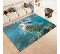 Petit Tapis Décoratif 60x90 cm Texture Douce Imitation Cachemire Impression Phoque Corail Bleu Marin 3D HD Nettoyage Facile à l'Aspirateur ou en Machine Convient pour Salle de Bain Cuisine Entrée
