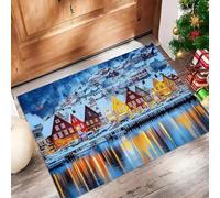 Petit Tapis D'Entrée Fin Lavable, 60X90Cm, Petit Tapis De Cuisine Pour Entrée, Paillasson Intérieur Ville Balnéaire De Noël Architecture Hivernale Pour Porte Salle De Bain Buanderie, Bleu Marine