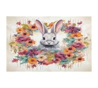Petit tapis lavable avec envers en caoutchouc antidérapant pour cuisine, chambre à coucher, salle de bain, décoration de sol Motif lapin et fleurs aquarelle