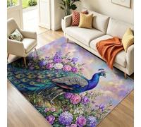 Petit Tapis Luxe Élégant Lavable, 60 x 110 cm Antidérapant Neu-Chinesischer Stil Blumenmuster Tiere Pfau Tapis pour Descente de Lit Bureau Cuisine, Violet Interieur Poil Courts Ras Carpet
