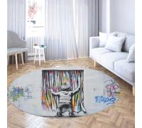 Petit Tapis Rond Street Art Enfants Rideau Graffiti Imprimer Lavable Antidérapant Résistant aux Cercle Tapis de Sol pour Chambre de bébé Salle de Jeux Zones à Fort trafic Doux Gris à Poils 135cm