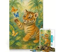 Petit Tigre Aquarelle avec des Papillons dans la Jungle Puzzle de 1000 pièces pour Adultes Jeu de réflexion Stimulant Technologie de découpe Laser avancée Défi Amusant pour Passer Le Temps (50x75cm)
