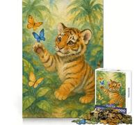 Petit Tigre Aquarelle avec Papillons dans la Jungle Puzzle de 1000 pièces pour Adultes Défi Mental Activité sereine Assemblage sans Couture Cadeau de Noël (50x75cm)