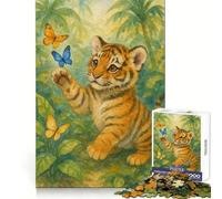 Petit Tigre Aquarelle avec Papillons dans la Jungle Puzzle de 1000 pièces pour Adultes Loisirs intellectuels et apaisants Découpe Nette Cadeau Unique (38x52cm)