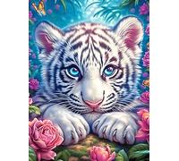 Petit Tigre Blanc avec des Roses 1000 Pièces Puzzle Collectionneur en Carton Rigide sans Déformation Animal Sauvage et Animal de Compagnie Haute Difficulté Niveau Expert Décoration Murale Cadeau Fête
