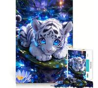 Petit Tigre Blanc dans Les nénuphars Puzzle de 1000 pièces pour Adolescents Jeu de mémoire Système de Verrouillage sécurisé Pas de pièces Qui se détachent pour Les Voyages (38x52cm)