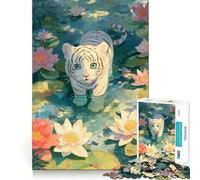 Petit Tigre Blanc dans Un étang aux nénuphars Puzzle 1000 pièces pour Adultes Jeu de mémoire Amusant Découpe Nette Pièces Robustes Cadeau Unique pour soulager Le Stress (38x26cm)