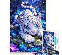 Petit Tigre Blanc dans Un étang aux nénuphars Puzzle de 1000 pièces pour Adolescents Stimulation mentale Activité de découpage de Haute précision et de détente (38x52cm)
