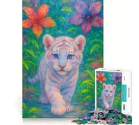 Petit Tigre Blanc dans Un Feuillage Tropical Puzzle de 1000 pièces pour Adolescents Jeu de mémoire Système de Verrouillage sécurisé Pas de pièces Qui se détachent pour Les Voyages