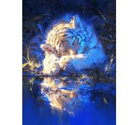 Petit tigre blanc se reflétant dans l'eau 300 Pièces Puzzle Débutant En Carton Haute Densité Animal sauvage et animal de compagnie Facile Apprentissage Anti-Stress Passe-Temps Cadeau Fête Des Mères Ha