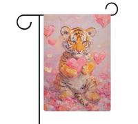 Petit tigre tenant un cœur rose drapeau de jardin saisonnier vacances toile de jute double face maison cour drapeaux extérieurs 32 x 47 cm