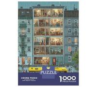 Petit Village 1000 PC Carton DIY Immeuble Bleu Puzzle 12+, Jeu Famille Amusant Défiant, Soulagement Stress, Couleurs Vives & Décor Mural Loisirs 70x50cm/1000pcs