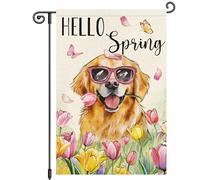 Petite bannière Tulipe Golden Retriever Papillon Fleur Bonjour Printemps | Pavillon de jardin Célébrations 12x18in Résistant Aux Intempéries Bannière personnalisée Double Face Drapeau