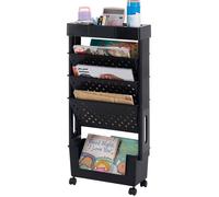 Petite bibliothèque 5 niveaux 38 x 17 x 77 cm - Chariot mobile à roulettes en mesh et plastique noir - Étagère de rangement