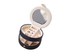 Petite Boite a Bijoux Boîte de rangement ronde portative bijoux en cuir d'unité centrale deux couches avec le miroir maquillage à l'intérieur(Blue)