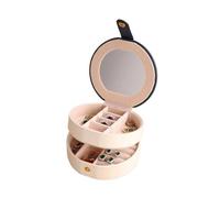 Petite Boite a Bijoux Boîte de rangement ronde portative bijoux en cuir d'unité centrale deux couches avec le miroir maquillage à l'intérieur(WHITE)