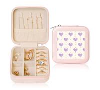 Petite boîte à bijoux en cuir synthétique avec cœur violet - Organiseur de bijoux de voyage pour femmes et filles - Étui de rangement pour bagues, boucles d'oreilles, colliers et bracelets