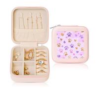 Petite boîte à bijoux en cuir synthétique avec empreintes de pattes colorées pour femmes et filles - Étui de rangement pour bagues, boucles d'oreilles, colliers et bracelets - Violet
