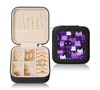 Petite boîte à bijoux en cuir synthétique avec motif chat violet - Organiseur de bijoux de voyage pour femmes et filles - Étui de rangement pour bagues, boucles d'oreilles, colliers et bracelets