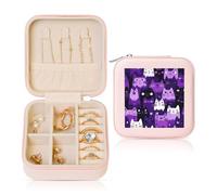 Petite boîte à bijoux en cuir synthétique avec motif chat violet - Organiseur de bijoux de voyage pour femmes et filles - Étui de rangement pour bagues, boucles d'oreilles, colliers et bracelets