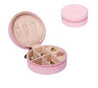 Petite boîte à bijoux ronde portable en cuir synthétique pour boucles d'oreilles, colliers, bijoux (rose)