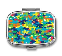 Petite boîte à pilules à 2 compartiments - Portable - Coloré - Imprimé puzzle - Pour poche ou sac à main - Pilulier en métal - Organiseur de vitamines