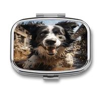 Petite boîte à pilules à 2 compartiments - Portable - Imprimé Border Collie - Pour poche ou sac à main - Pilulier en métal - Organiseur de vitamines
