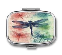 Petite boîte à pilules à 2 compartiments portable moderne avec imprimé libellule pour poche ou sac à main, pilulier en métal pour médicaments et vitamines