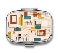 Petite boîte à pilules à 2 compartiments - Portable - Moderne - Imprimé du milieu du siècle - Pour poche ou sac à main - Pilulier en métal - Organiseur de vitamines
