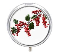 Petite boîte à pilules de voyage à 3 compartiments avec miroir résistant à l'humidité - Branches de houx - Portable - Organiseur de médicaments rond - Boîte de rangement pour vitamines