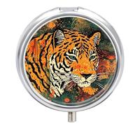Petite boîte à pilules de voyage à 3 compartiments avec miroir résistant à l'humidité - Imprimé botanique tigre - Organiseur de poche rond pour vitamines