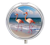 Petite boîte à pilules de voyage à 3 compartiments avec miroir résistant à l'humidité, motif flamant rose sur la plage, organiseur de médicaments rond