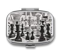Petite boîte à pilules de voyage portable avec 2 compartiments noir et blanc - Boîte à pilules de poche d'échecs - Boîte à huile de poisson - Organisateur de médicaments mignon - Organisateurs de