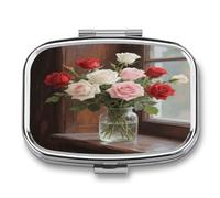 Petite boîte à pilules en forme de roses pour sac à main, pilulier en métal 2 compartiments compact portable pour vitamines, huiles de poisson