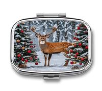 Petite boîte à pilules en métal pour sac à main et cerf, arbre de Noël, pilulier compact à 2 compartiments pour médicaments, vitamines, huiles de poisson